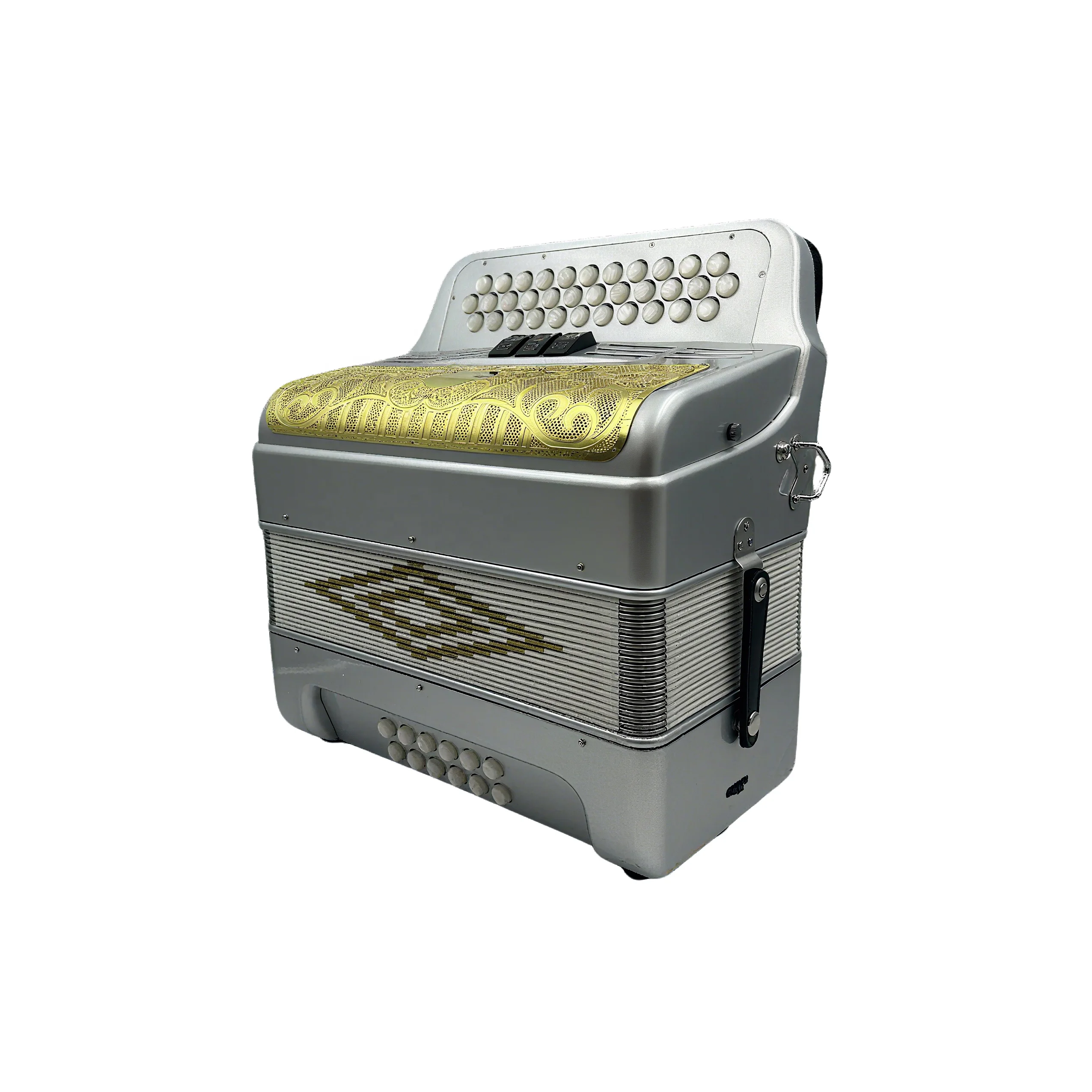 34-Button 12-Bass 3-Register Silver Body Accordion Instrument Gold Grill White Buttons Diatonic Acordeon JB3412C