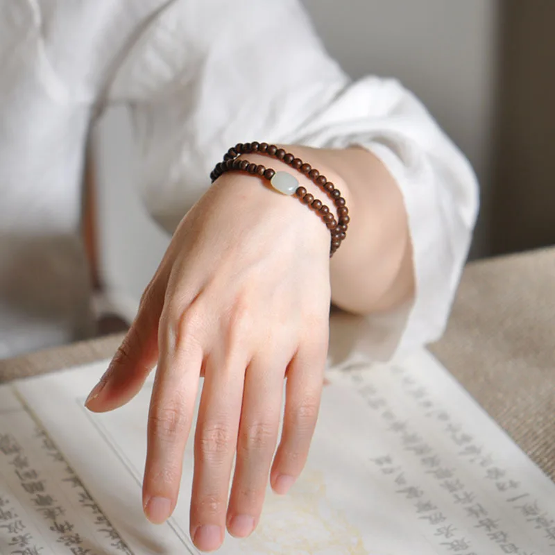 Golden 6M Thin Buddhist Bead Simple Hetian Jade Ancient Style Fresh Fairy Sandalwood Bracelet For Artistic Women HandString 6
