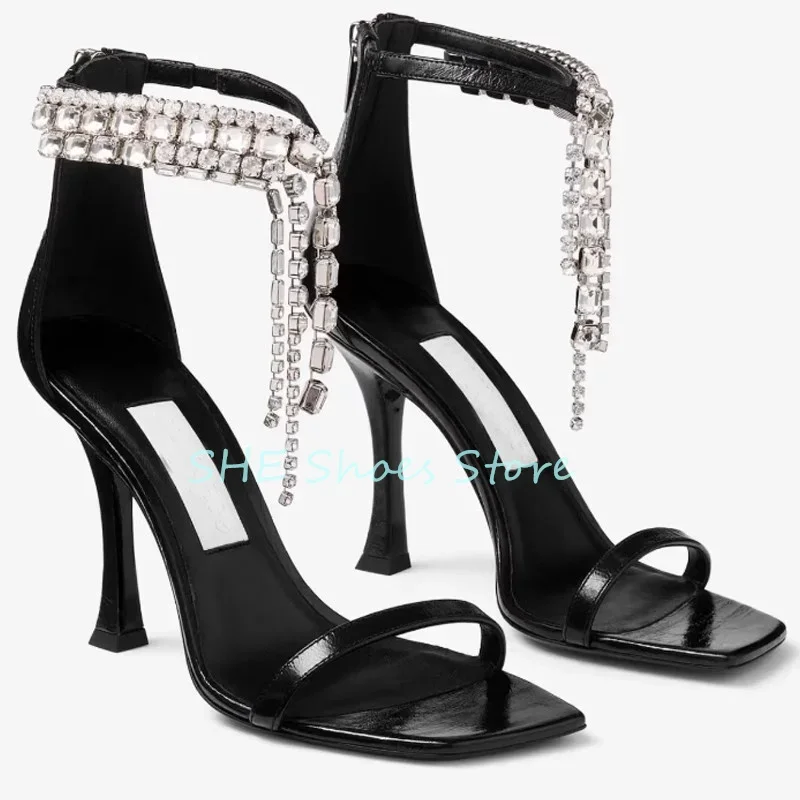 

Luxury Rhinestone Tassel Ankle Strap Women Sandals Peep Toe Stiletto High Heel One-Strap Pumps Ladies Dress Gladiator Shoes