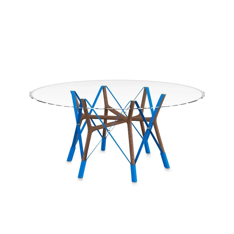 Modern designer creative saddle skin glass dining table household villa solid wood foot leisure round table