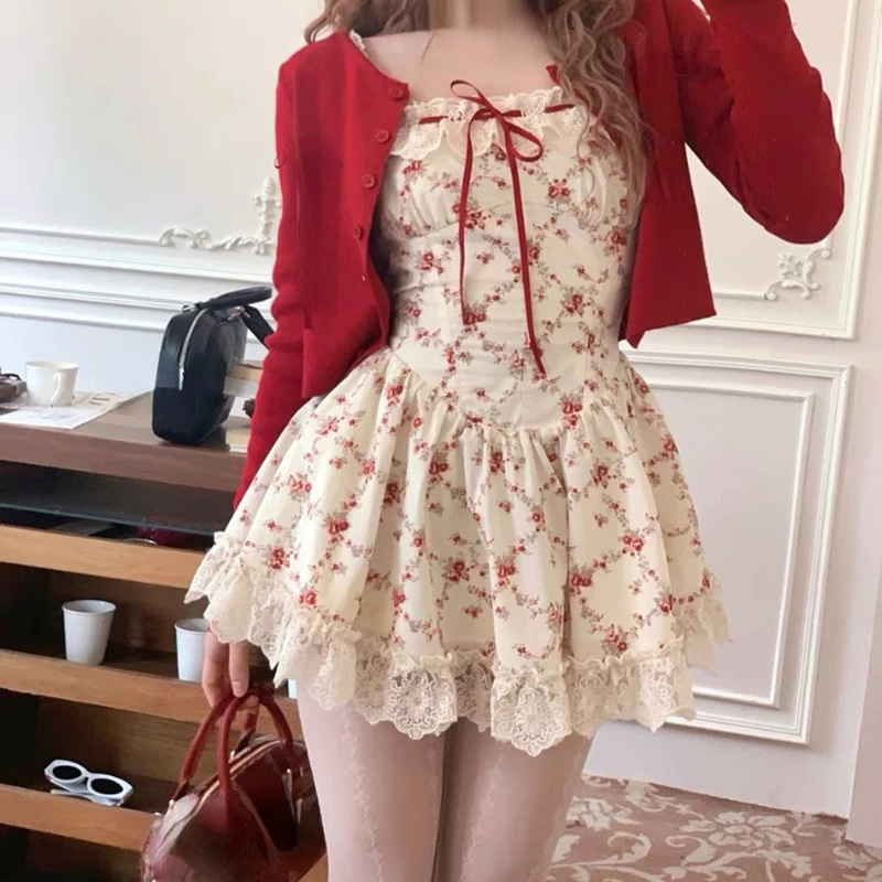 Y2K Sweet Floral Dress Set Woman Casual Red Short Cardigan Elegant Lace Mini Dress Female Korean Prairie Chic Clothing Suit