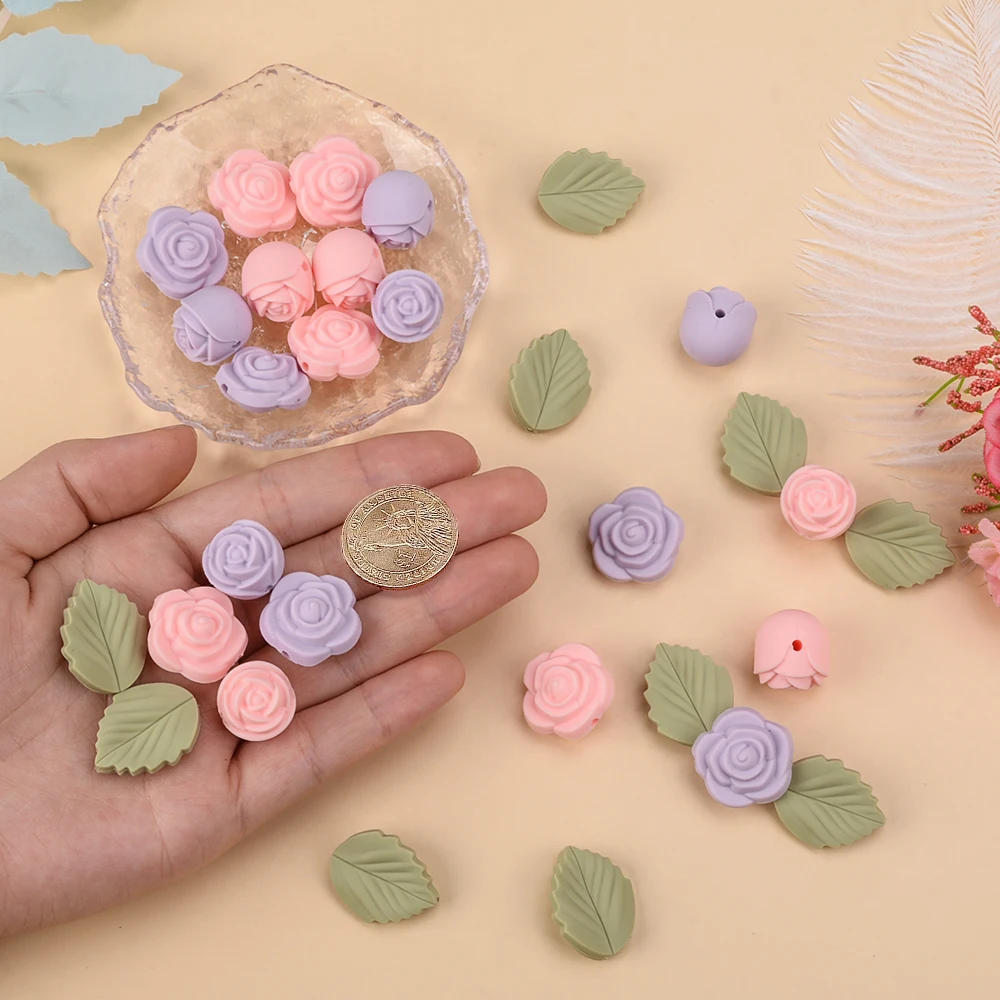 LOFCA 30 Uds. Cuentas de silicona rosas, cuentas focales de flores sin BPA, cuentas de dentición para bebé, accesorios DIY para cadena de chupete,