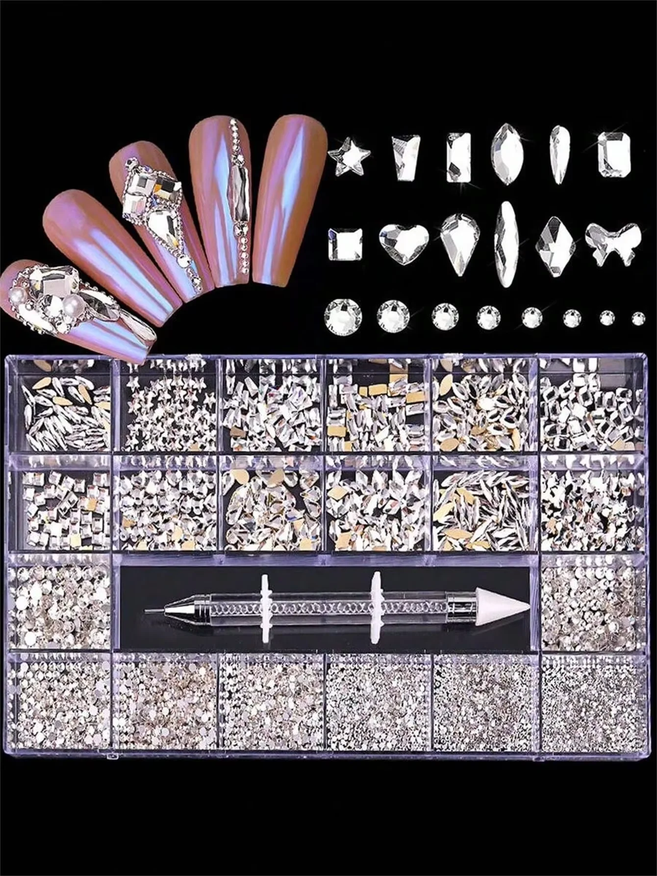 21-Grid Flat-Bottom AB Rhinestone Nail Charms Set, Luxury Shaped Diamond Gems, Premium Manicure Rhinestone Decorations in Assort