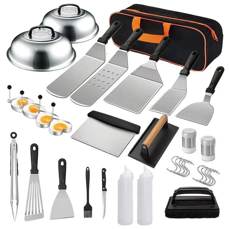 35-Piece stainless steel flat-top baking pan accessory kit with barbecue spatula, scraper, burger platen