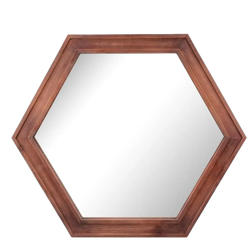 

24 Redwood Framed Hexagon Wall Mirror with Hanging Bracket, Suitable for Country Rustic Style, Ideal for Living Room, Bedroom, B