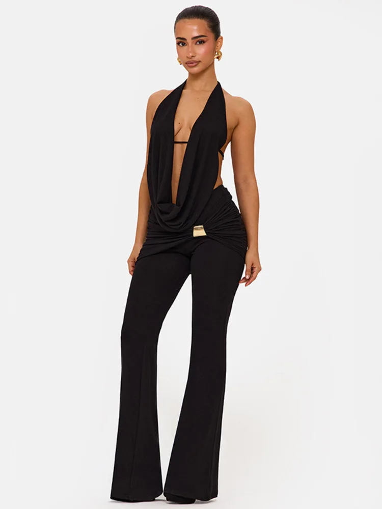 Mozision Seksowny Komplet Damski z Wycięciami: Top typu Halter z Głębokim Dekoltem w Serek i Długie Spodnie, Dopasowany Zestaw, Obcisły Seksowny Komplet Damski