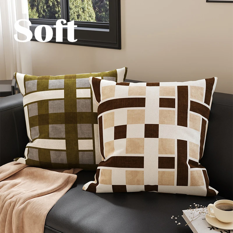 Retro Plaid Square Pillow Home Living Room Sofa Pillow Detachable Cover Dormitory Office Chair Backrest Simple Style Rectangular