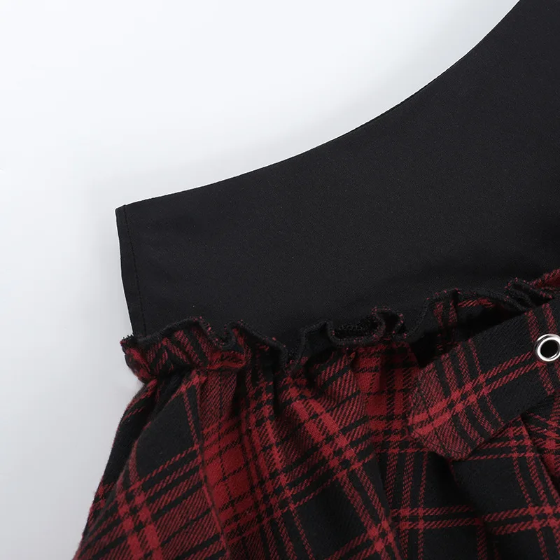 Goth Dark Punk Style Irregular Hem Chain Mini Skirts Harajuku Fashion Plaid Lace Stitch Skirt Mall Gothic Streetwear Bottoms Y2K