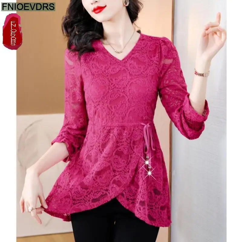 M-4XL Hollow Out Lace Shirts2023 Women European Style Office Lady Drawstring Waist Bow Tie Thick Winter Tunic Peplum Top Blouses