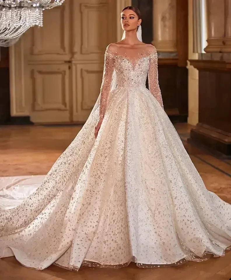 

Customized Luxury Ball Gown Wedding Dresses For Women Shining Beading Lace Princess Backless Bride Gown Vestidos De Novia