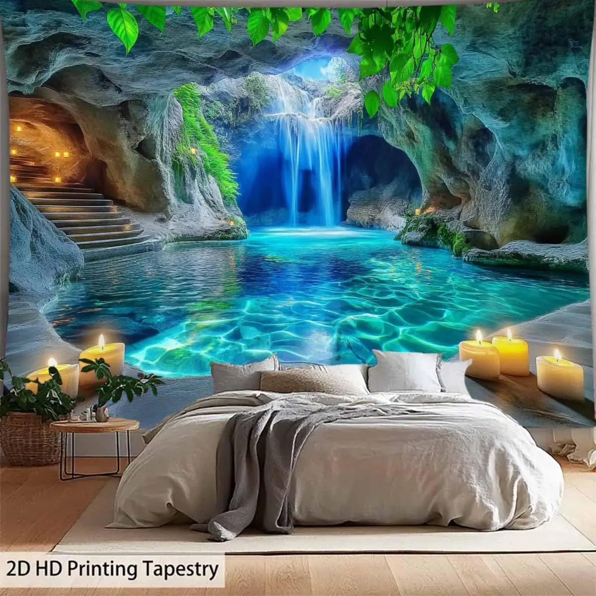 Nature Karst Cave Waterfall Tapestry Sunshine Throught Cave Water Green Leaves Landscape Wall Hanging Backdrop for Home Decor