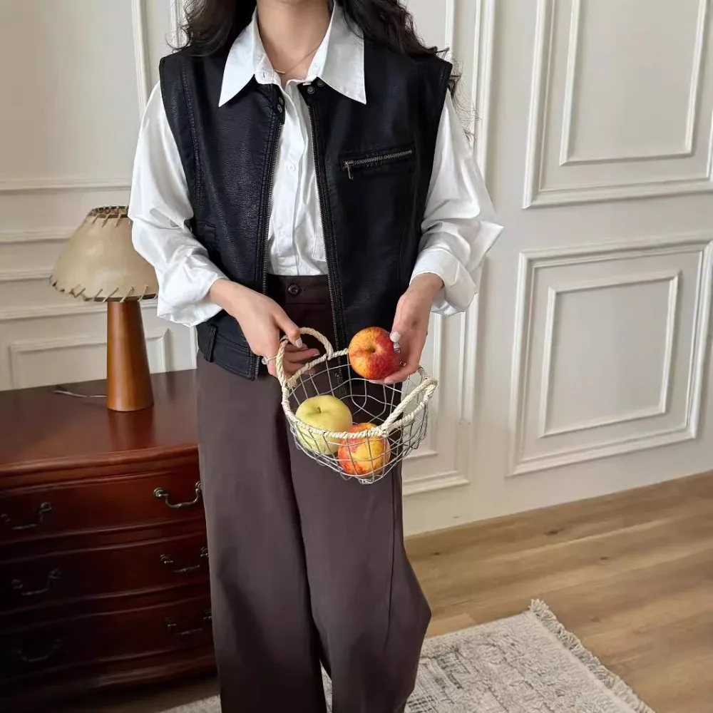 

Женская кожаная куртка из искусственной кожи (ПУ) высокого качества, с круглым вырезом, на молнии, весенне-осенняя