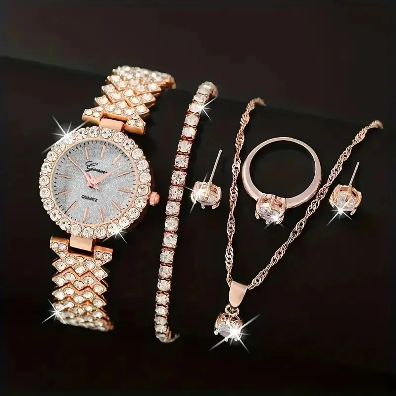 6pcs Ladies Fashion Casual Star Number Full Diamond British Watch White Crystal Love Earrings Necklace Ring Bracelet Gift Set