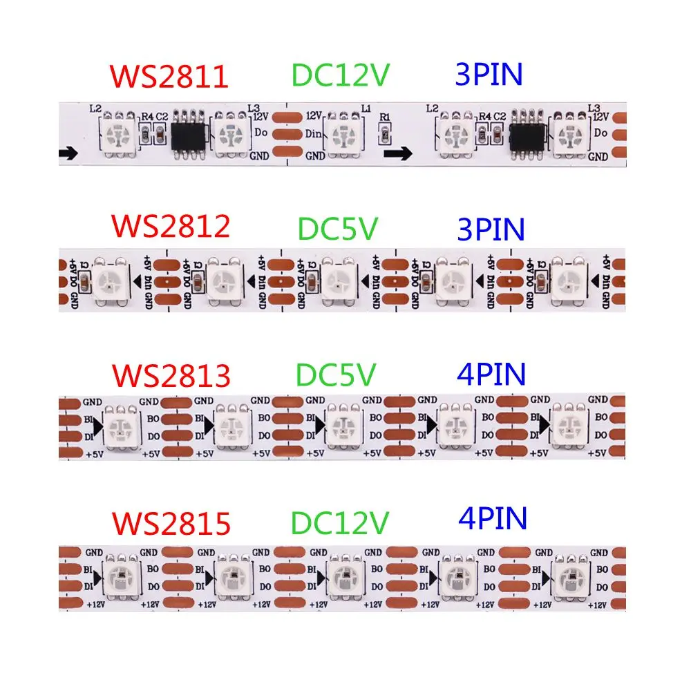 WS2812B WS2811 WS2813 WS2815  Pixel Smart RGB LED Strip WS2812 Individually Addressable 30/60//144 Leds/M Tape Light  DC12V DC5V