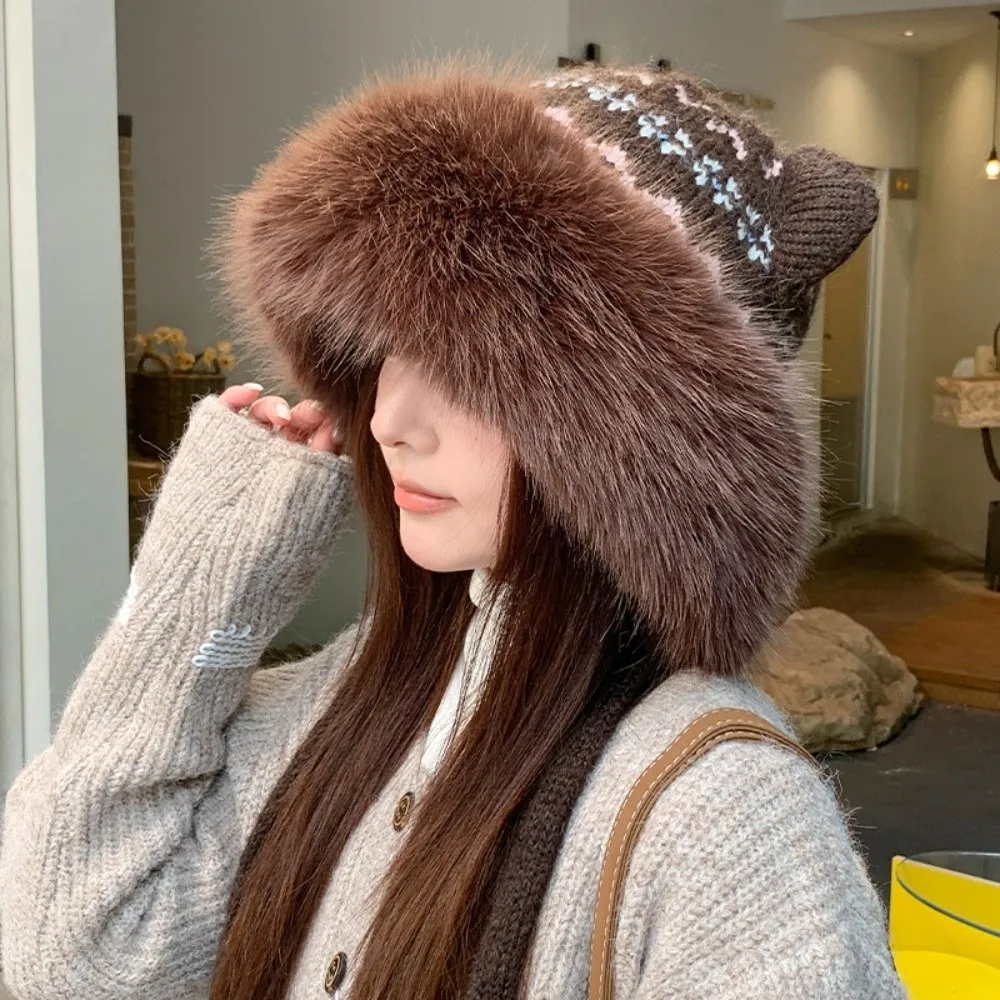 Polyester Thick Knitted Hat Fair Isle Pattern Ear Protection Winter Warm Hat 56cm to 58cm Ear Flaps Cat Ears Hat Cold Weather