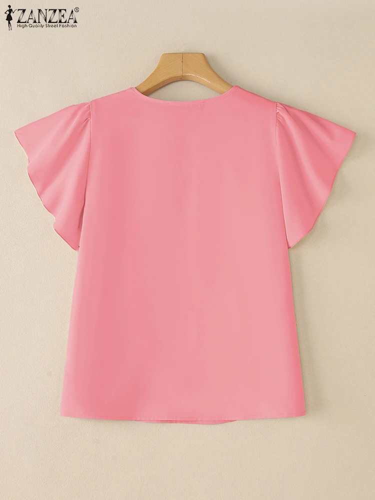ZANZEA Elegant Office Lady Tunic เสื้อฤดูร้อนเสื้อผู้หญิง V คอแขนสั้น Blusas ลําลองทํางาน OL Tops