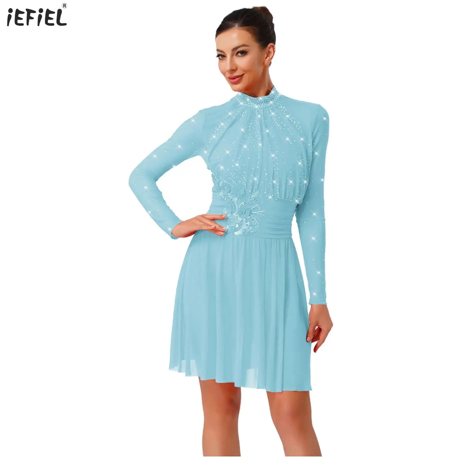 

Womens Lyrical Ballet Dance Dress Embroidery Applique Rhinestones Long Sleeve Ruched Leotard Dress for Figure Skating Gymnastics