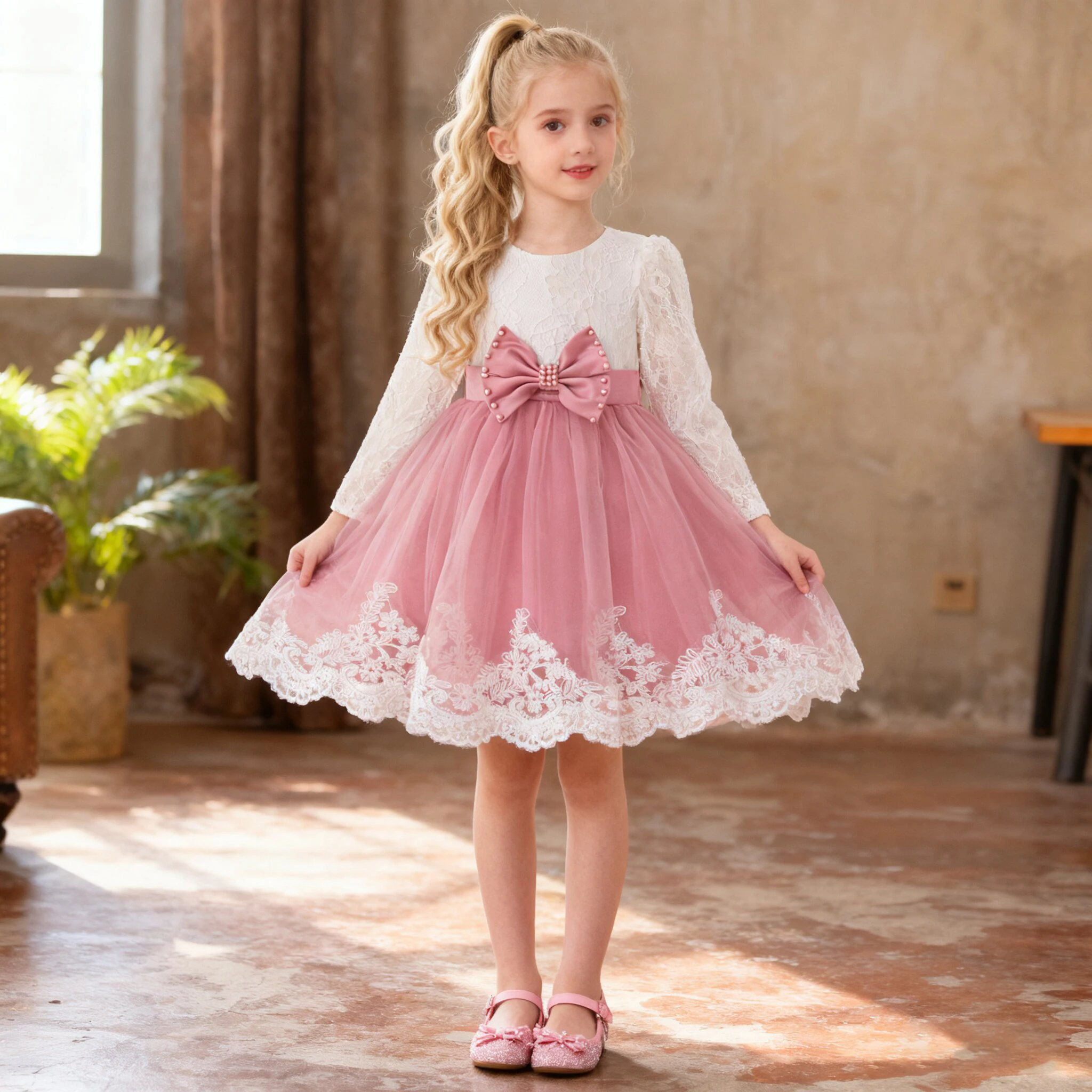 Elegantes Brautjungfern-Party-Mädchenkleid mit großer Schleife, langärmelig, Taufe, Prinzessin, Geburtstag, Ballkleider, Blumenwettbewerb, Hochzeitskostüme