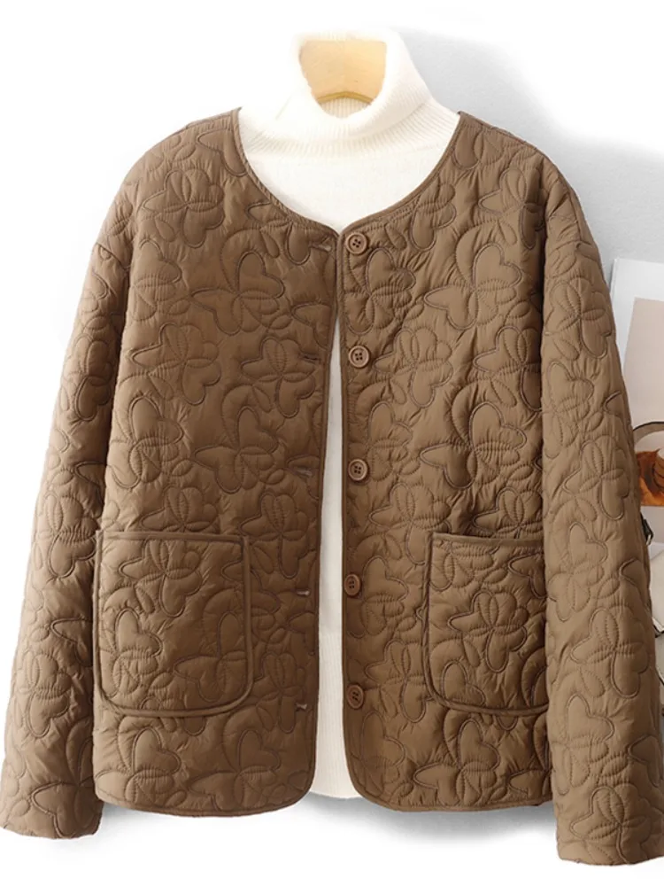 

Retro Embossed Cotton Jacket Women's Lightweight Fashionable Warm Cotton Coat Pure Color Short Outerwear
