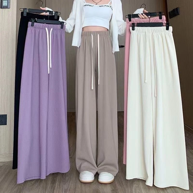 Elastic High Waist Drawstring Wide Leg Pants Casual Straight Sports Pants Summer All-Match Basic Women's Trousers Solid Trendy