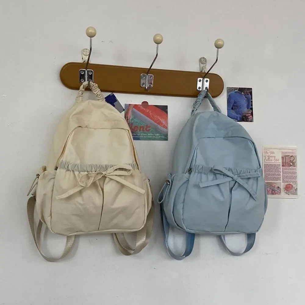 

Fashion Handbag Bow Backpack Korean Style Wrinkle Nylon Backpack Large Capacity Solid Color Shoulders Bag Outdoor