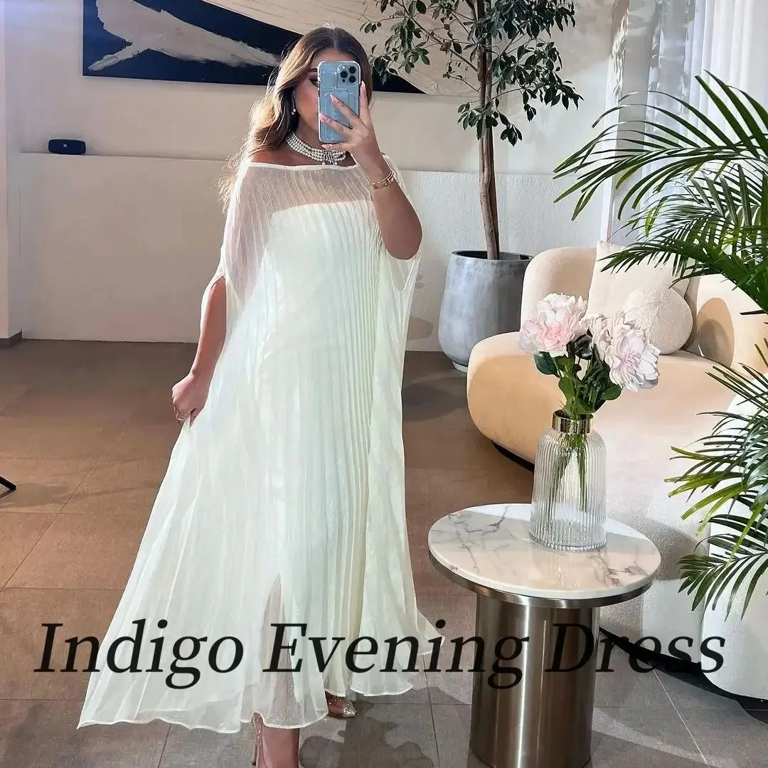 Indigo-Vestido sem alças de chiffon feminino, pescoço barco, linha A, vestido de festa formal, 2 peças, 2022