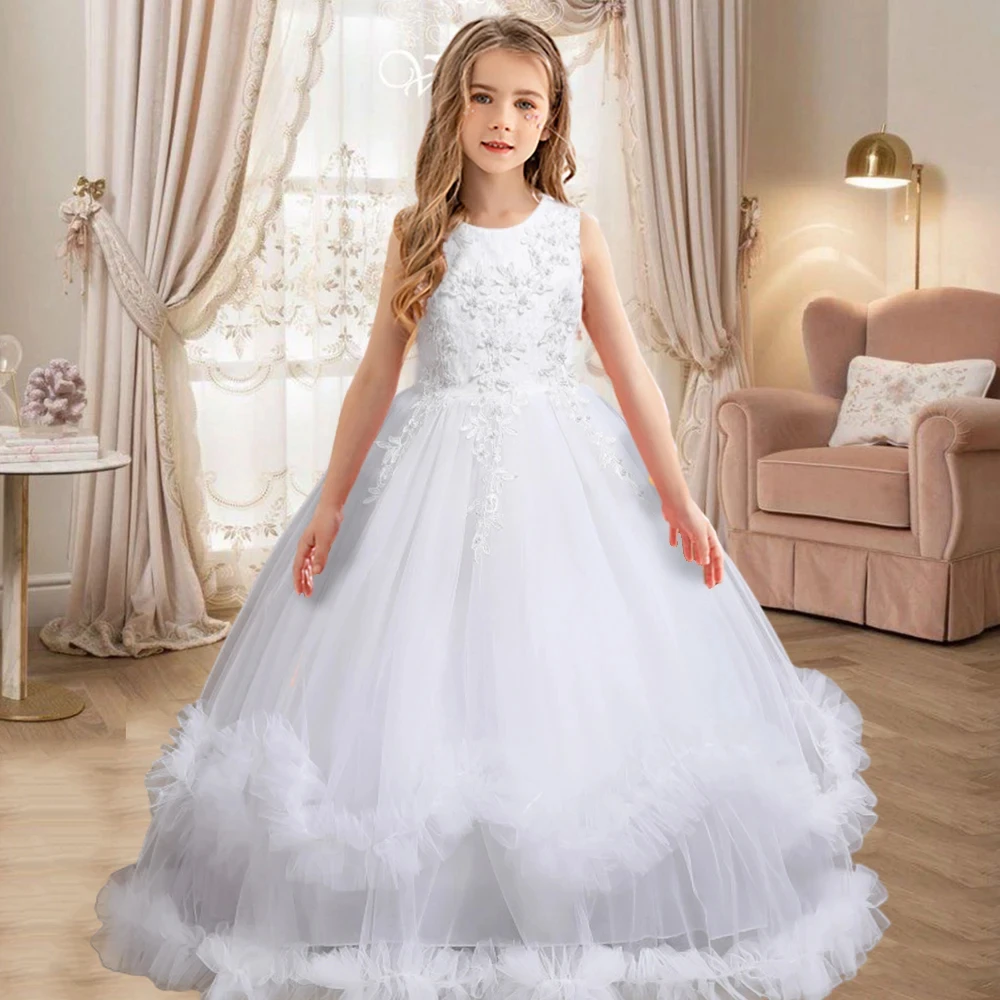 4-12 year old white girl long wedding dress evening dress sequin lace graduation ball performance dress 2023 girls\' clothing