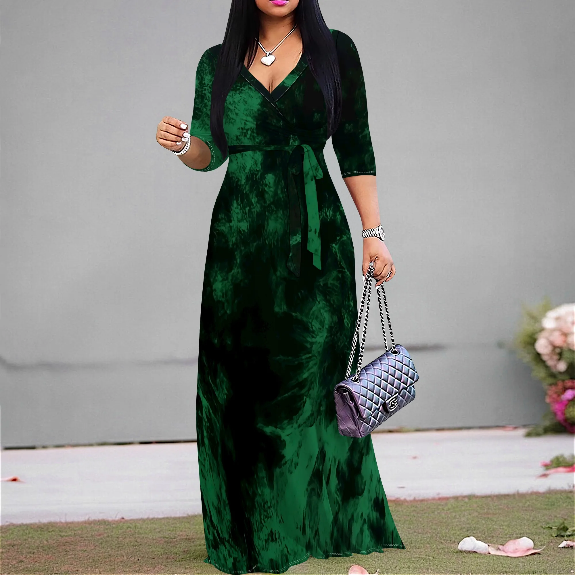 

Green Tie Dye Wrap Maxi Dress S-3XL Elegant V-Neck Tie Waist Style for Christmas Party, Wedding Guest or Evening Dinner