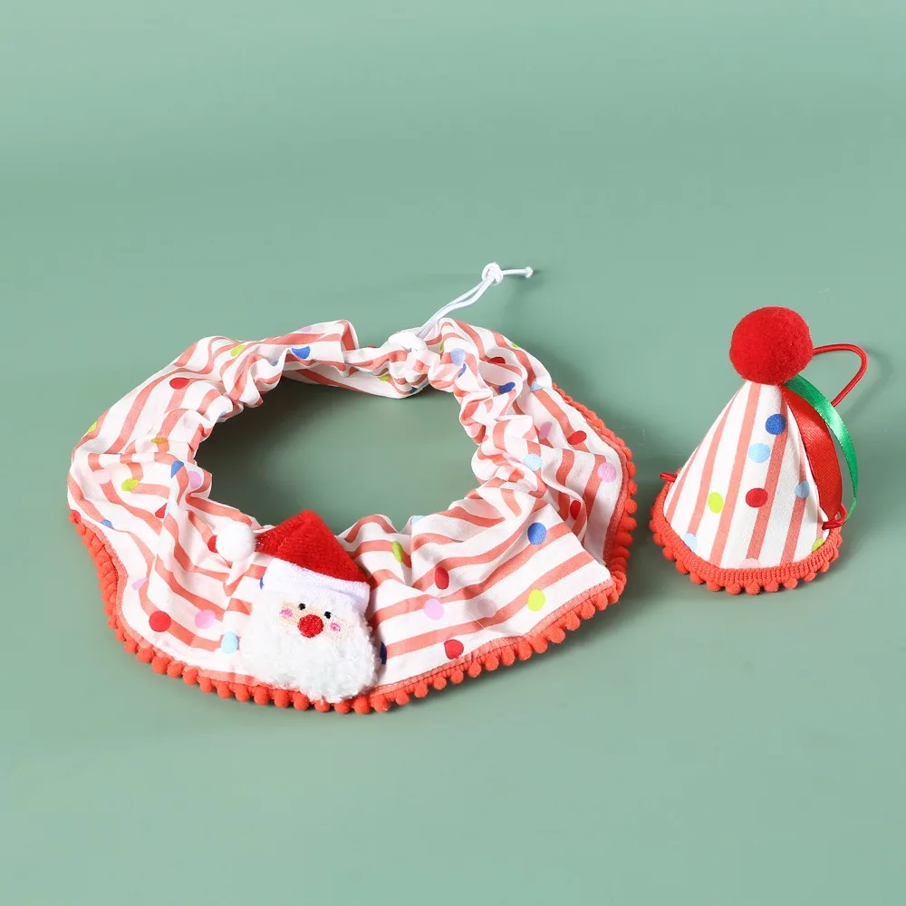 

Cute Christmas Pet Striped Scarf Adjustable Washable Pet Collar Set Cartoon Cotton Pet Christmas Hat Christmas Holiday