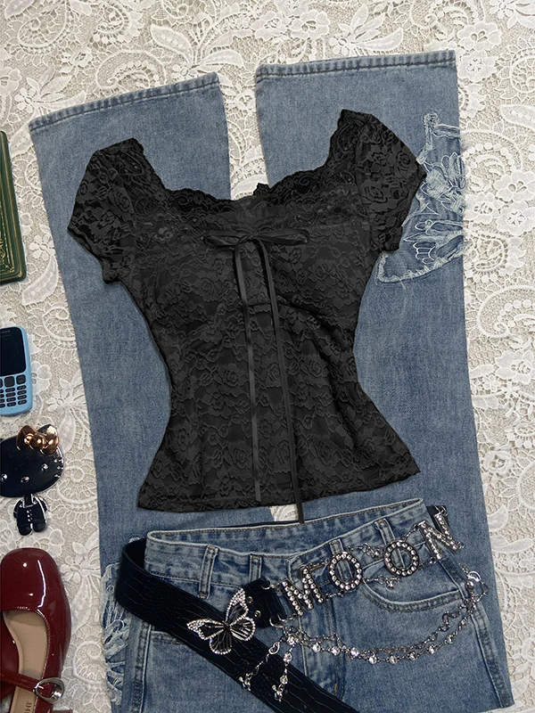 Słodka koronkowa bluzka dla kobiet z węzłem, żółto-brązowa, vintage, letnia, BaoYao Girl, oryginalny projekt, mieszanka bawełny.