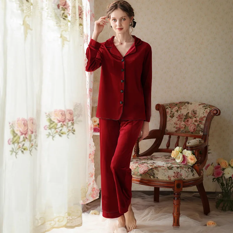 Burgundy Red Velour Pyjamas Velvet Two Piece Pajama Set Women Autumn Winter Long Sleeve Sleepshirts Trousers Nightwear Sleepwear