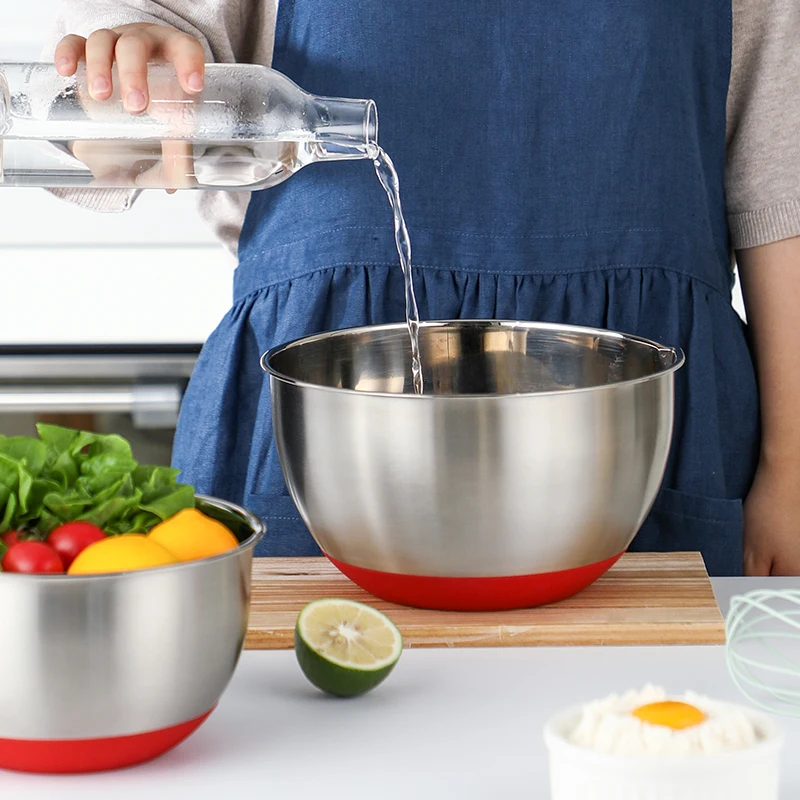 SHIMOYAMA New Stainless Steel Deep Mixing Salad Bowls With Lids and Non Slip Red Bases Large Mixing Bowls for Kitchenware Set