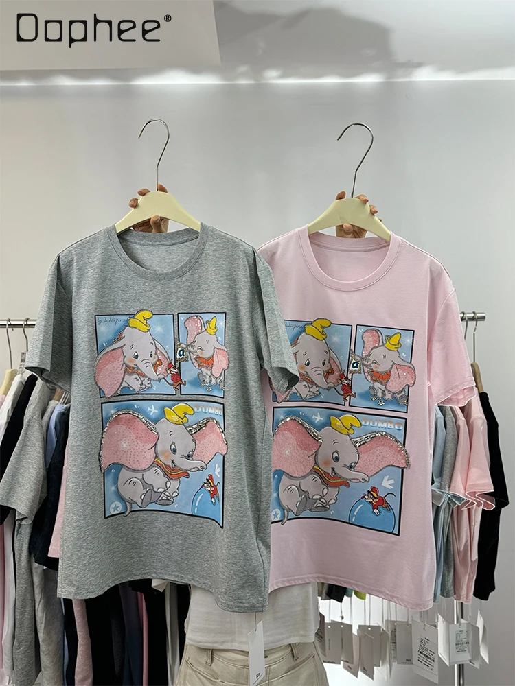 

European Goods Heavy Industry Rhinestone Elephant Tops 2025 Summer New Mid Length Loose Short-sleeved Women's Cartoon T-shirt