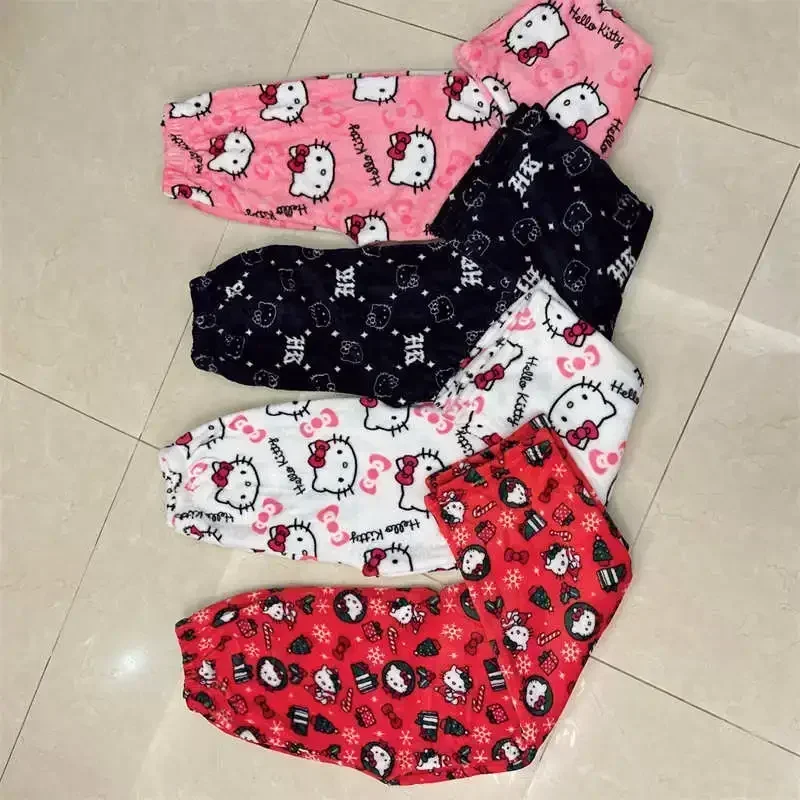 Halloween Thicken Hello Kitty Pajama Pants Sanrio Anime Fleece Double Elastic Fabric Soft Trousers Women Cartoon Birthday Gift