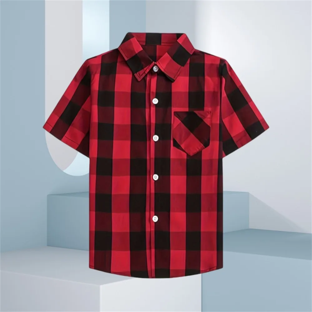 Children's Blouse Girl Boys Checked Shirt Versatile Outdoor Short Sleeve Top Collar Button Design Front Pocket Shirts Kid's Top