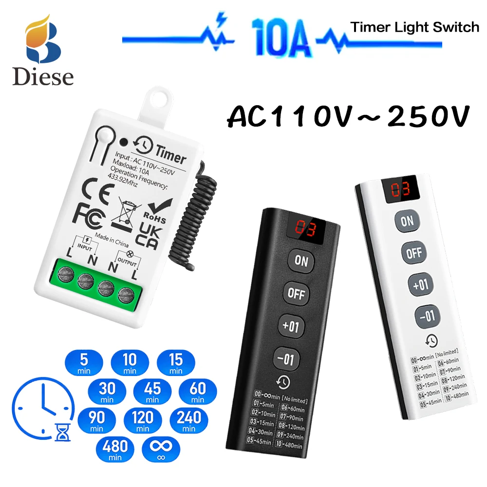 Wireless Universal RF433MHz Remote Control Timer Function Light Switch AC110V 220V Delay Mode Countdown Relay for Home Lamp Fan
