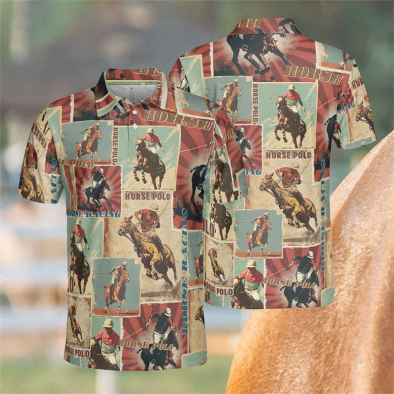 Retro Horse Racing 3D Print Men Women Polo Shirt 2025 New Fashion Button Lapel Short Sleeve Tops Summer Vintage Y2k Men Clothing