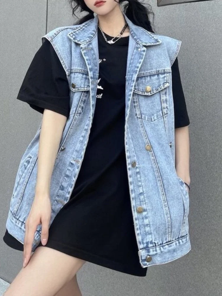 

Denim Waistcoat For Women Korean Sleeveless Vest Jacket 2023 Spring Summer New Leisure Pocket Vintage Blue Vests Tops M355