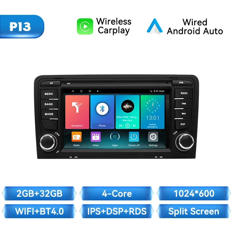 XONRICH AI Voice Wireless Carplay Android 14 Auto Multimedia voor Audi A3 8P 2003-2013 GPS 2Din 128GB Autoradio 4G Wifi Bose Systeem