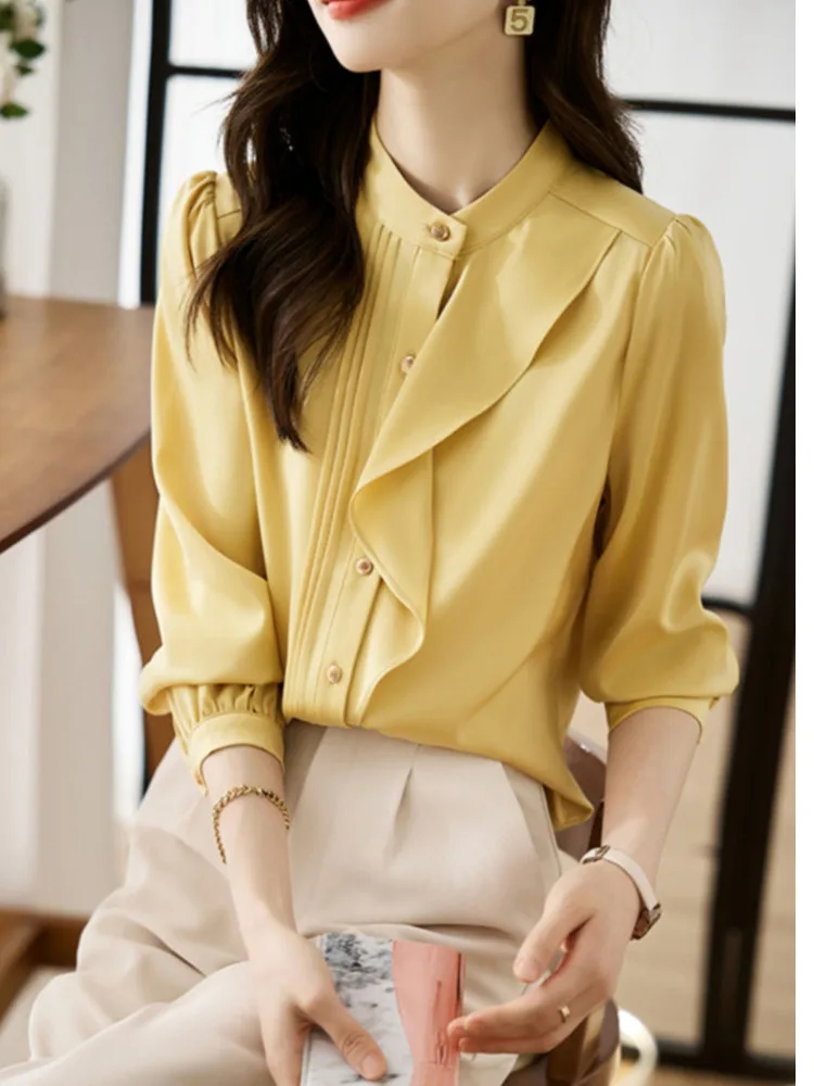 #3222 Yellow Office Shirts Stand Collar Split Joint Ruffles Chiffon Blouse Femme Long Sleeve Elegant Single Breasted Shirt Women