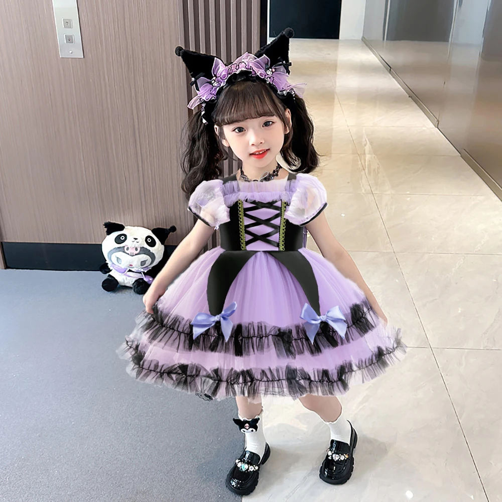 Girls New Kuromi Cosplay Party Dress Kids Purple Lace Halloween Dresses Girl Bow All Saints Clothes Young Fashion Daily Costumes