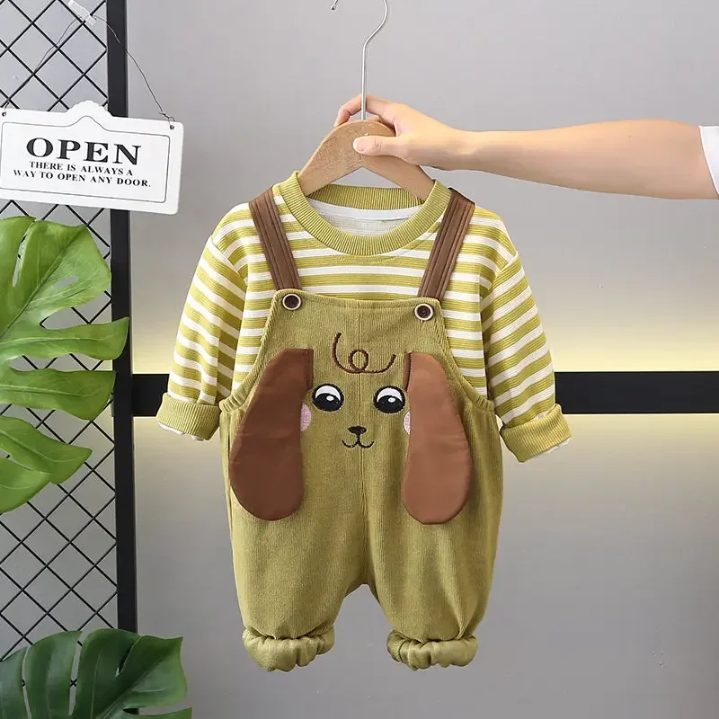 

Spring Boys Tracksuit Kids Long Sleeve Strips T-Shirt Bib Cartoon Dog Overalls 2pcs/Set Children Clothing Infant Sport Suit