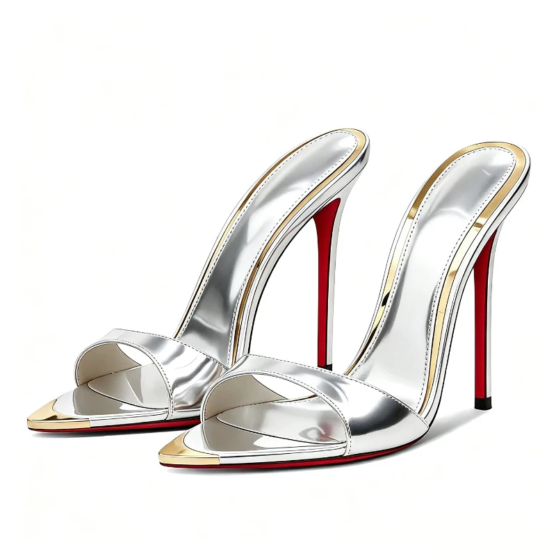 Summer New Style Slim Heel niche Temperament, Wearing Half Drag Metal Pointed High Heels, Cool Slippers for Women