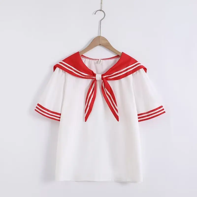 New 2026 Summer Women Cotton Short Sleeve Shirt, Sailor Collar Lace-up, Mori Girl Preppy Style Commute Loose Blouse T64118CC