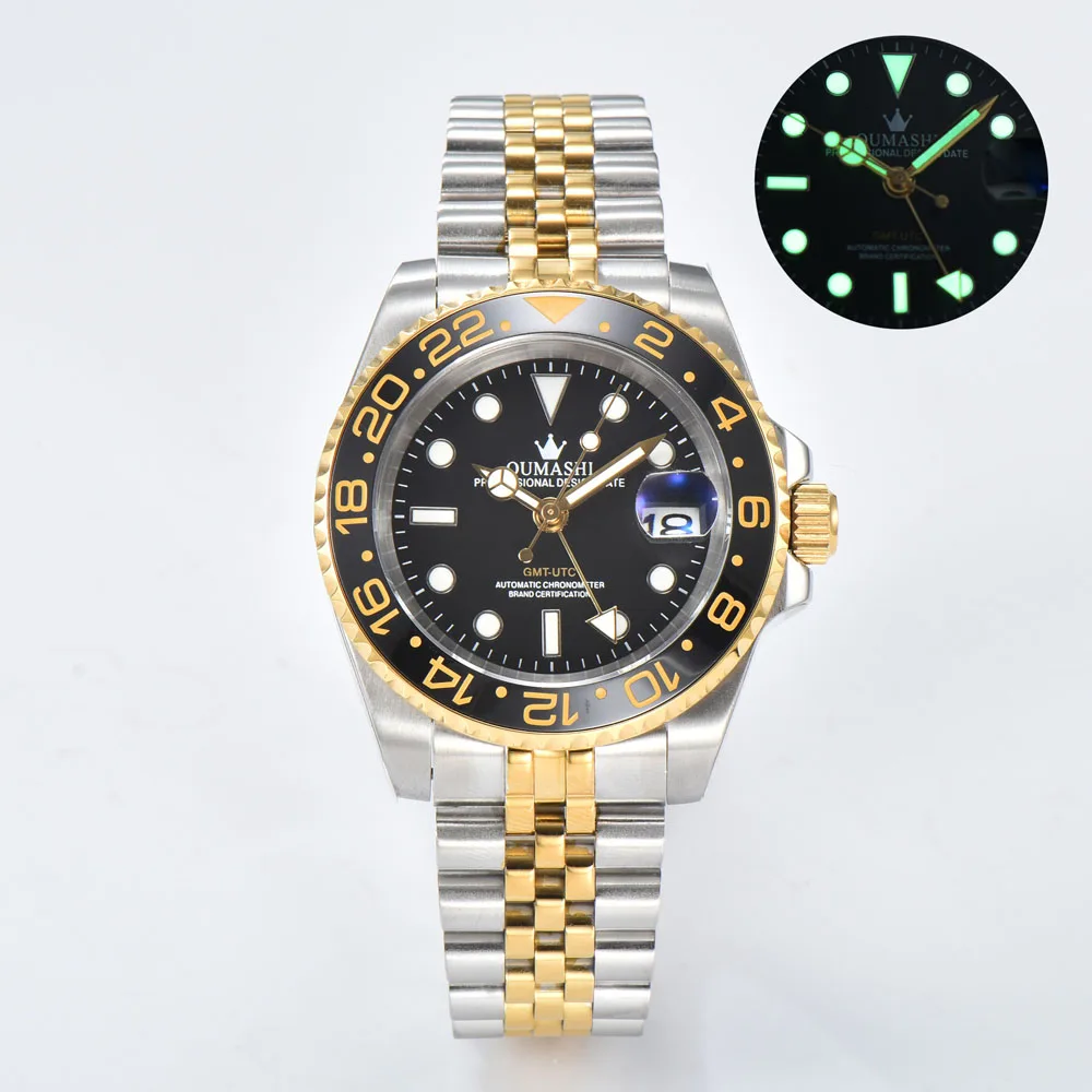 40 มม.หรูหราผู้ชายธุรกิจนาฬิกา GMT นาฬิกา NH34 คอกซ์ BEZEL และของแท้ญี่ปุ่น NH34 การเคลื่อนไหวอัตโนมัติที่กำหนดเองโลโก้