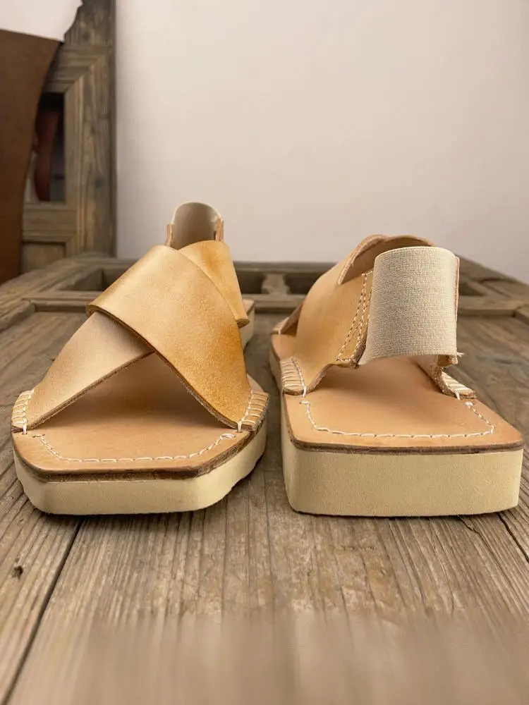 Summer Wearing Outside Genuine Leather Mens Sandals Leisure Cowhide Square Toe Hand Sewn Hollow Out Open Toes Elastic Band Shoes