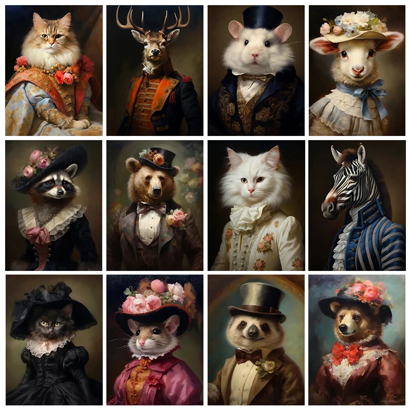 Vintage Palace Aristocrat Gorgeous Costume Animal Tiger Lion Rabbit  Art Poster Canvas Paintings Wall Art HD Pictures Home Decor