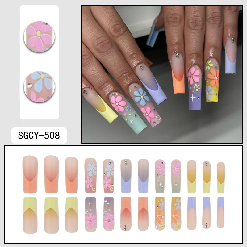 24-Piece Coffin-Shaped ABS Fake Nails Multicolored French Multicolored Flowers Cute Sweet Sparkling Diamonds Dot Pressed Finger