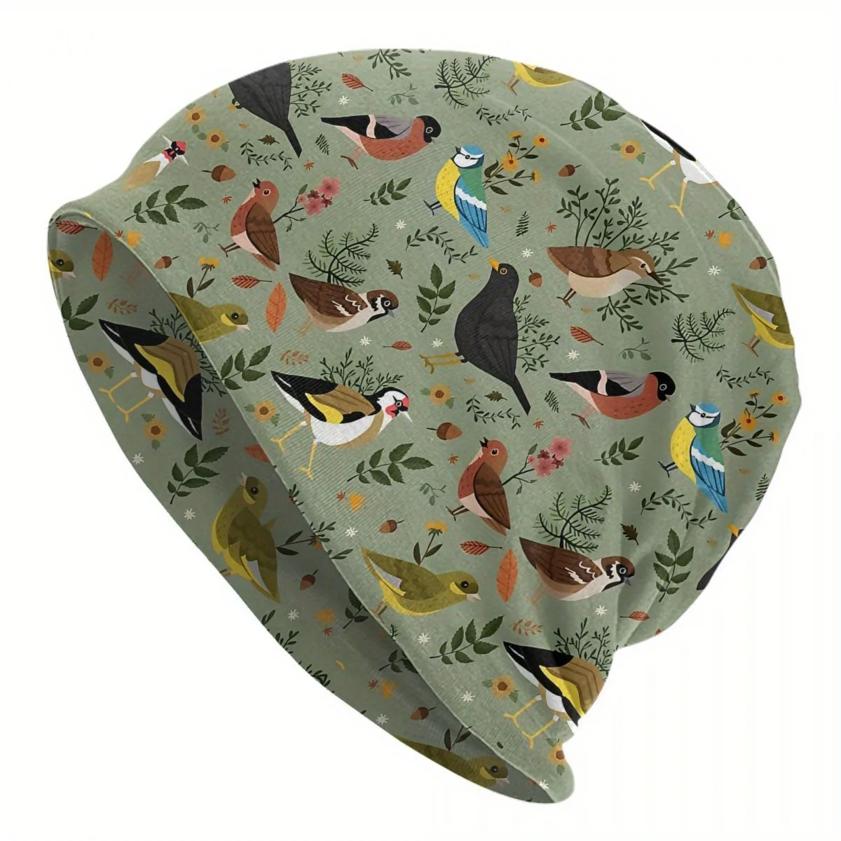 Men's Windproof Skullie Beanie Hat Garden Birds Autumn Leaves Print, Light Green Fashionable Hip Hop Cap for Outdoor Activities