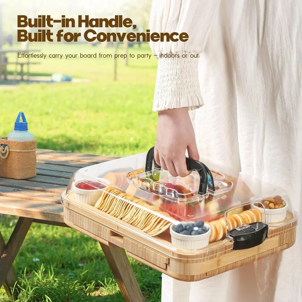 Portable Bamboo Charcuterie Board with Lid and Handle, Travel-Friendly Snack Box, Compact Cutting Board with 3 Hidden Drawers fo